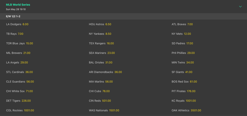 This is an image of the World Series odds at Bet365. The odds are displayed in decimal format. 