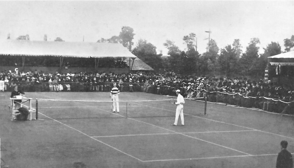 A photo of two players at Wimbledon from the 19th century. 