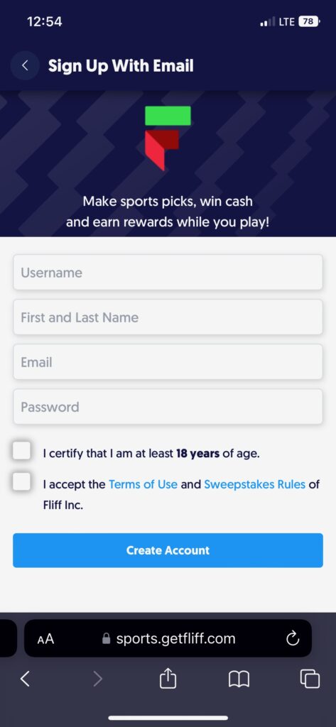 If you don't have a Fliff login, you need to sign-up for Fliff using this form. 