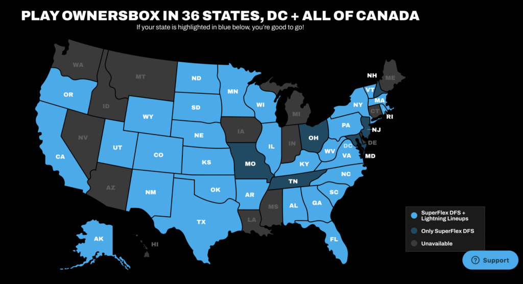 A map of the legal status of the daily fantasy sports platform OwnersBox